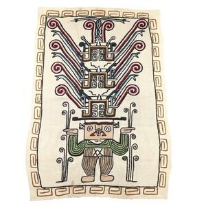 Vintage Folk Art Textile Wall Hanging Embroidered Figure Peruvian Burlap